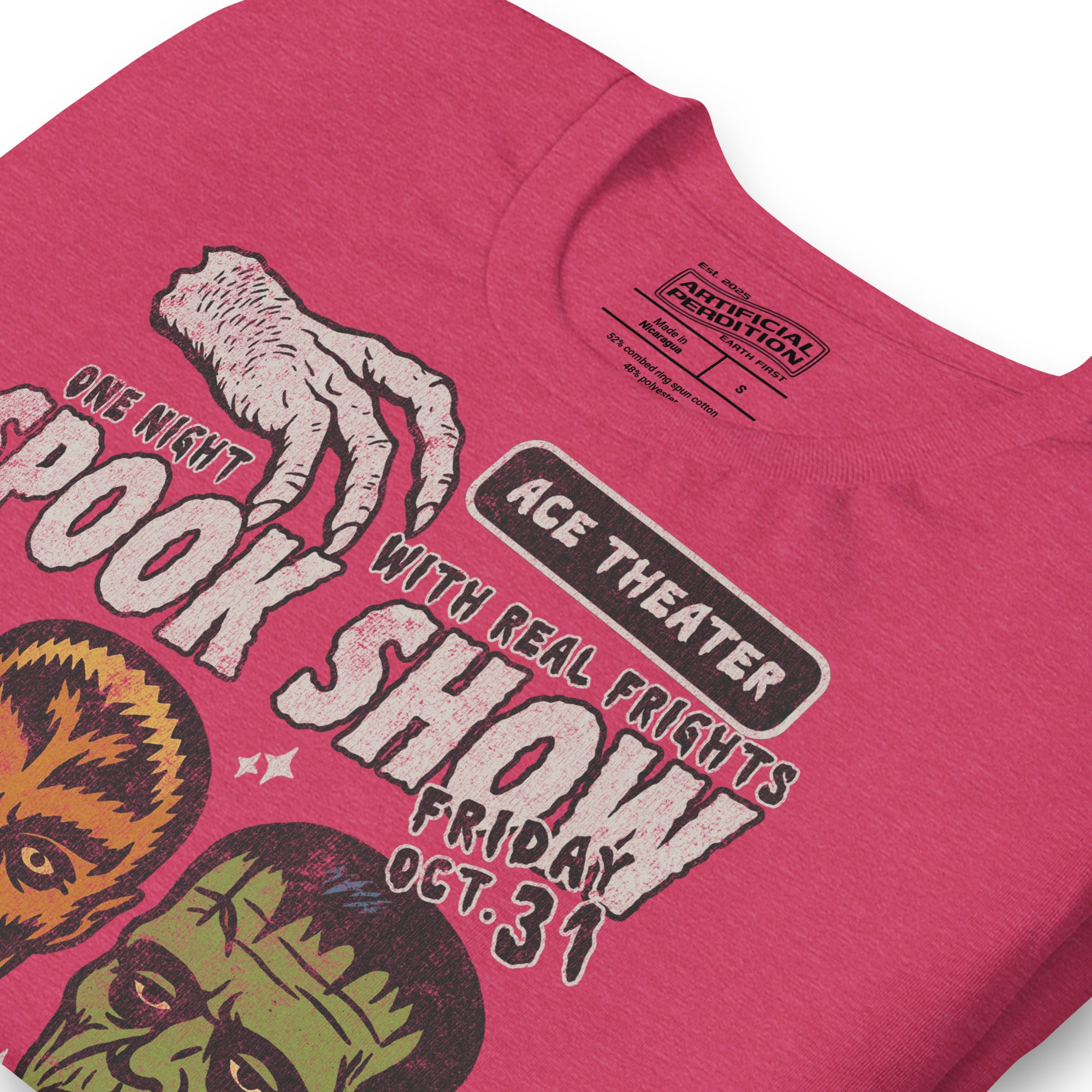 Vintage spook show poster style back print with three classic monster faces and Midnight Spook Show text, retro Halloween design, Artificial Perdition apparel