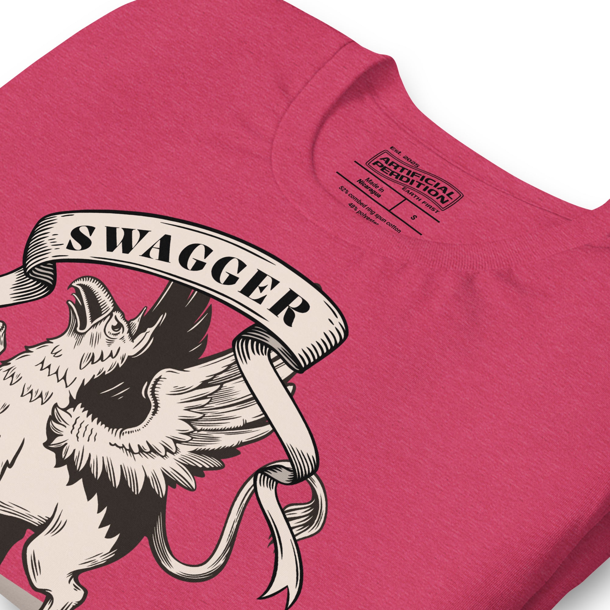 Rampant griffin in heraldic engraving style with Swagger banner ribbon, cream and black illustration, Artificial Perdition apparel
