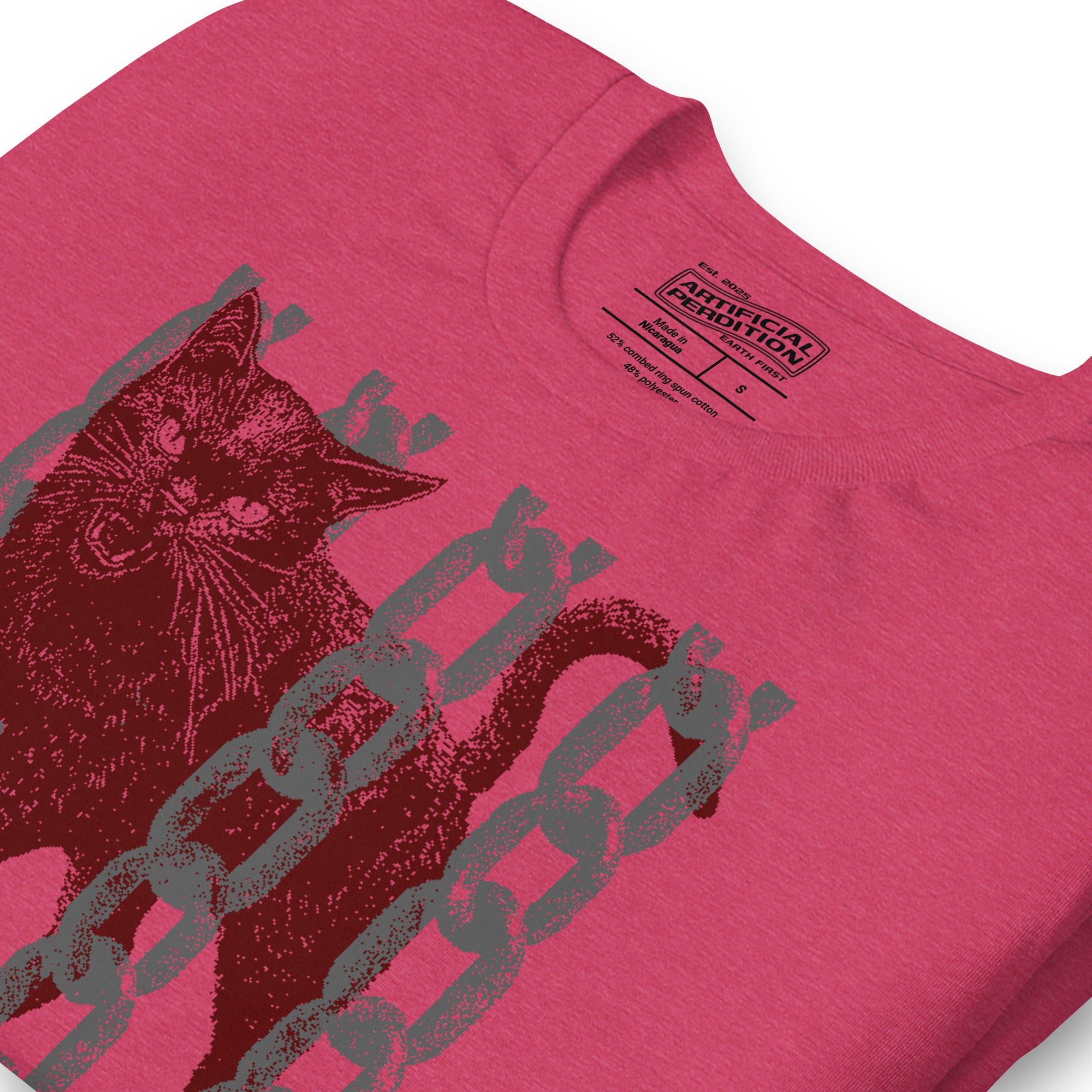 Product mockupSnarling cat breaking through chains with UNGOVERNABLE text, dithered halftone red on cream, Artificial Perdition apparel