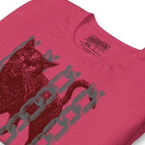 Product mockupSnarling cat breaking through chains with UNGOVERNABLE text, dithered halftone red on cream, Artificial Perdition apparel