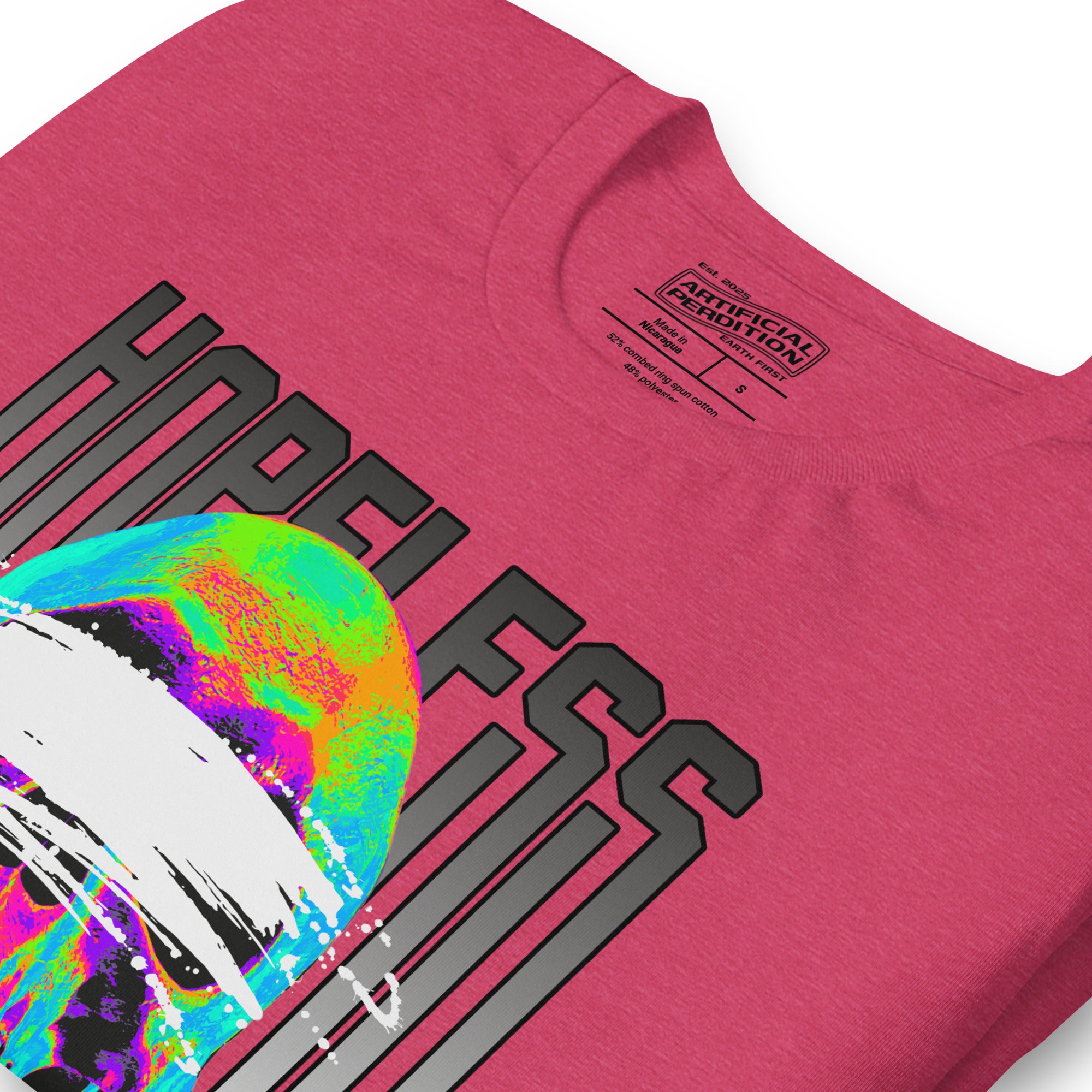 Blindfolded skull in thermal heat-map colors with bold chrome HOPELESS text, psychological horror design, Artificial Perdition apparel