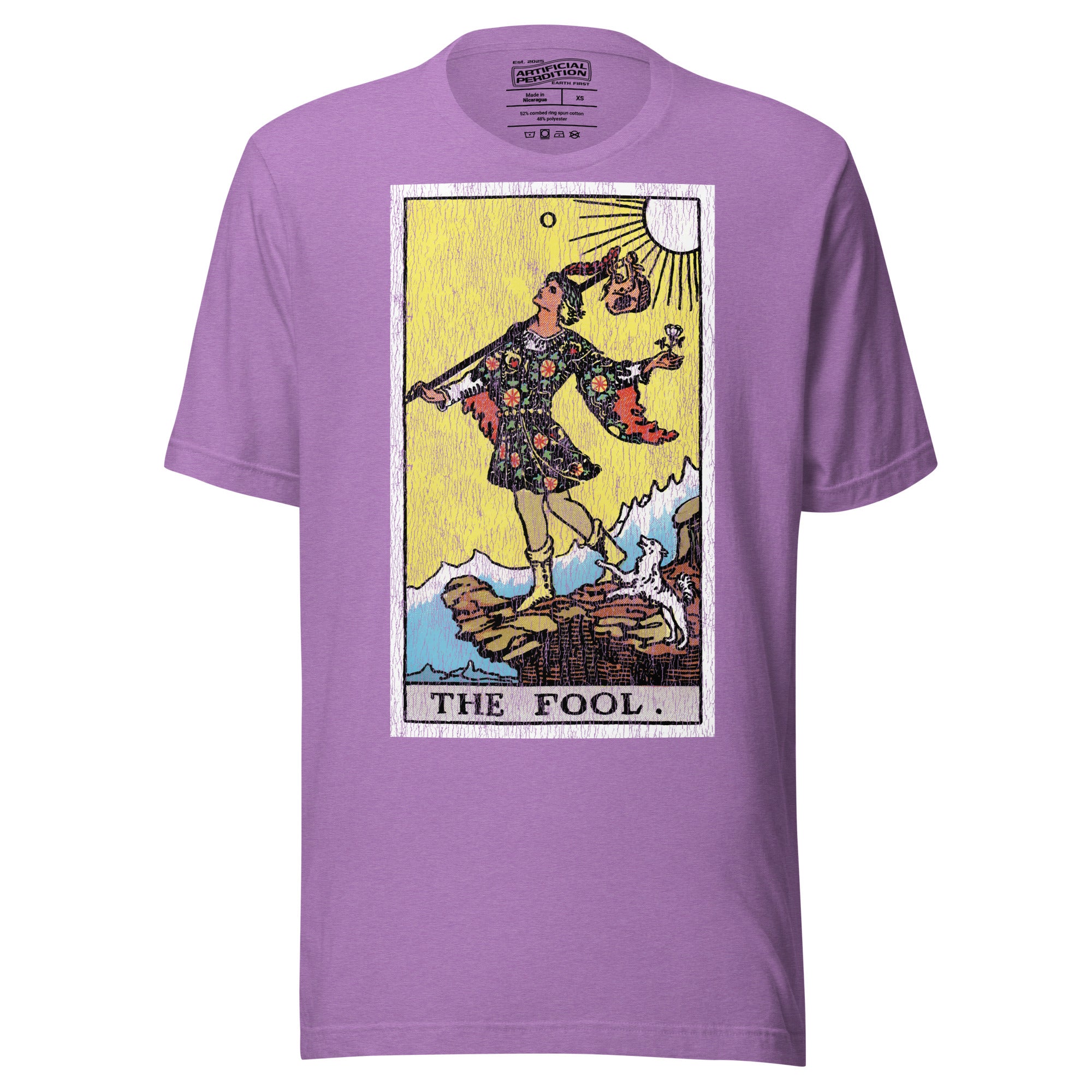 The Fool tarot card, figure at cliff's edge with staff and flower, dog at heel, vintage Rider-Waite engraving style, Artificial Perdition