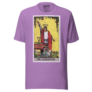 The Magician tarot card, robed figure with wand raised and lemniscate overhead, four suits on table, Rider-Waite style, Artificial Perdition
