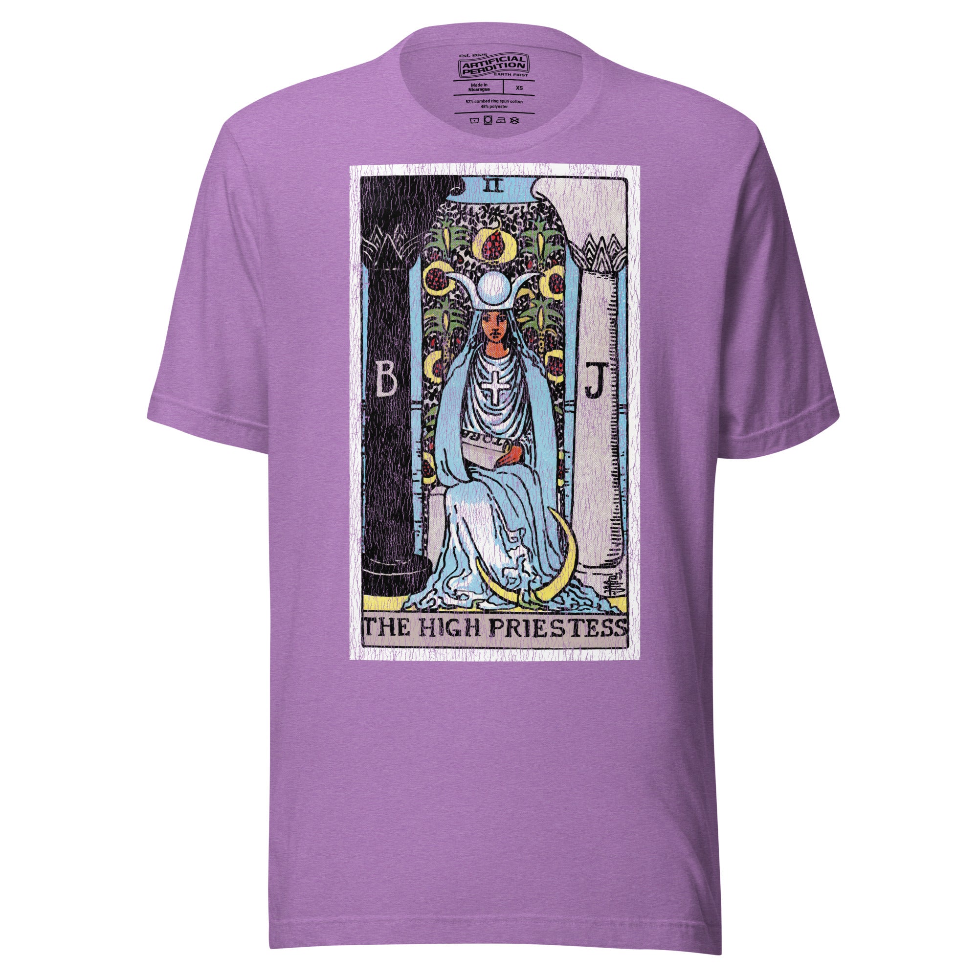 The High Priestess tarot card, robed figure seated between two pillars with scroll and crescent moon, Rider-Waite style, Artificial Perdition
