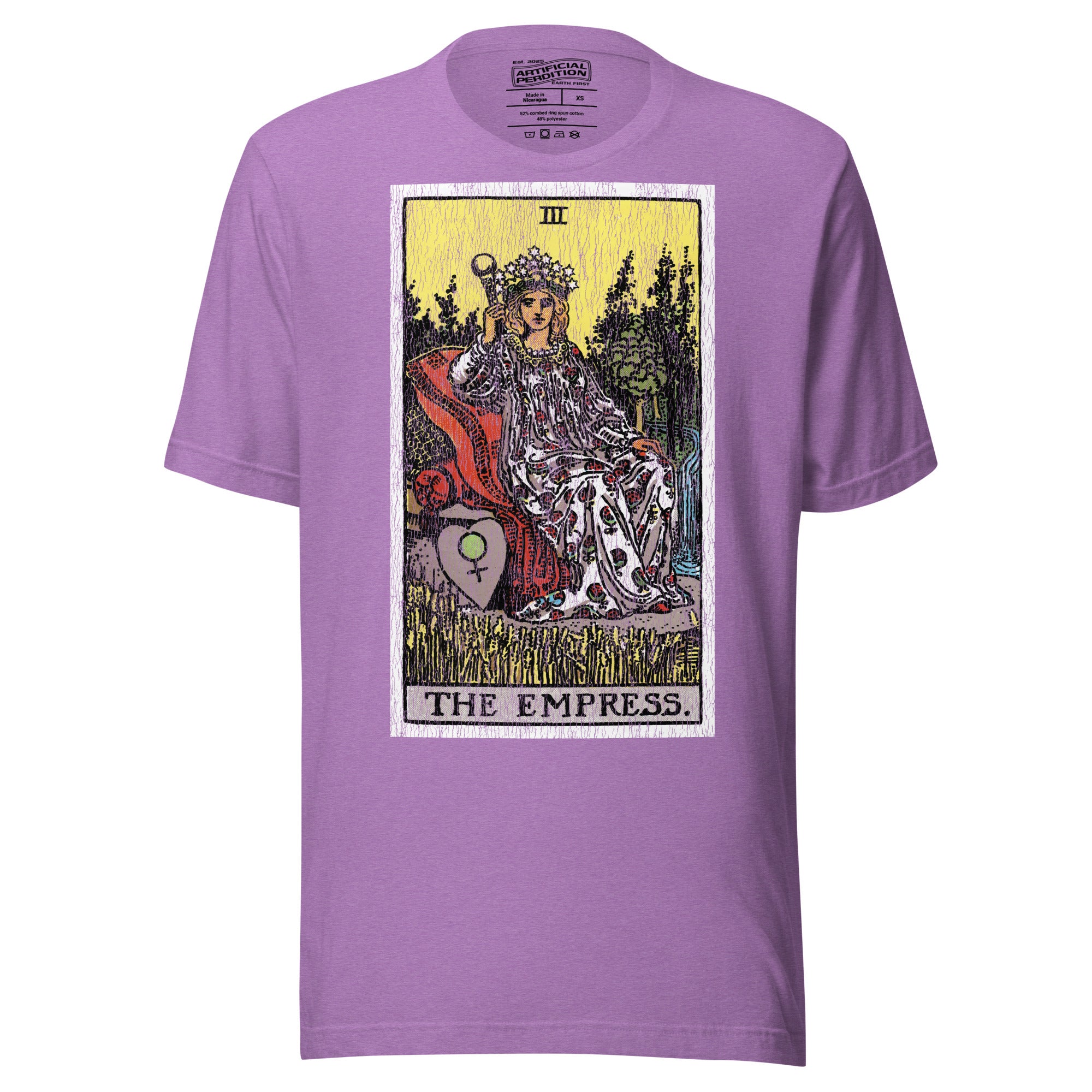 The Empress tarot card, crowned figure enthroned with Venus shield and scepter, wheat field and forest behind her, Rider-Waite style, Artificial Perdition