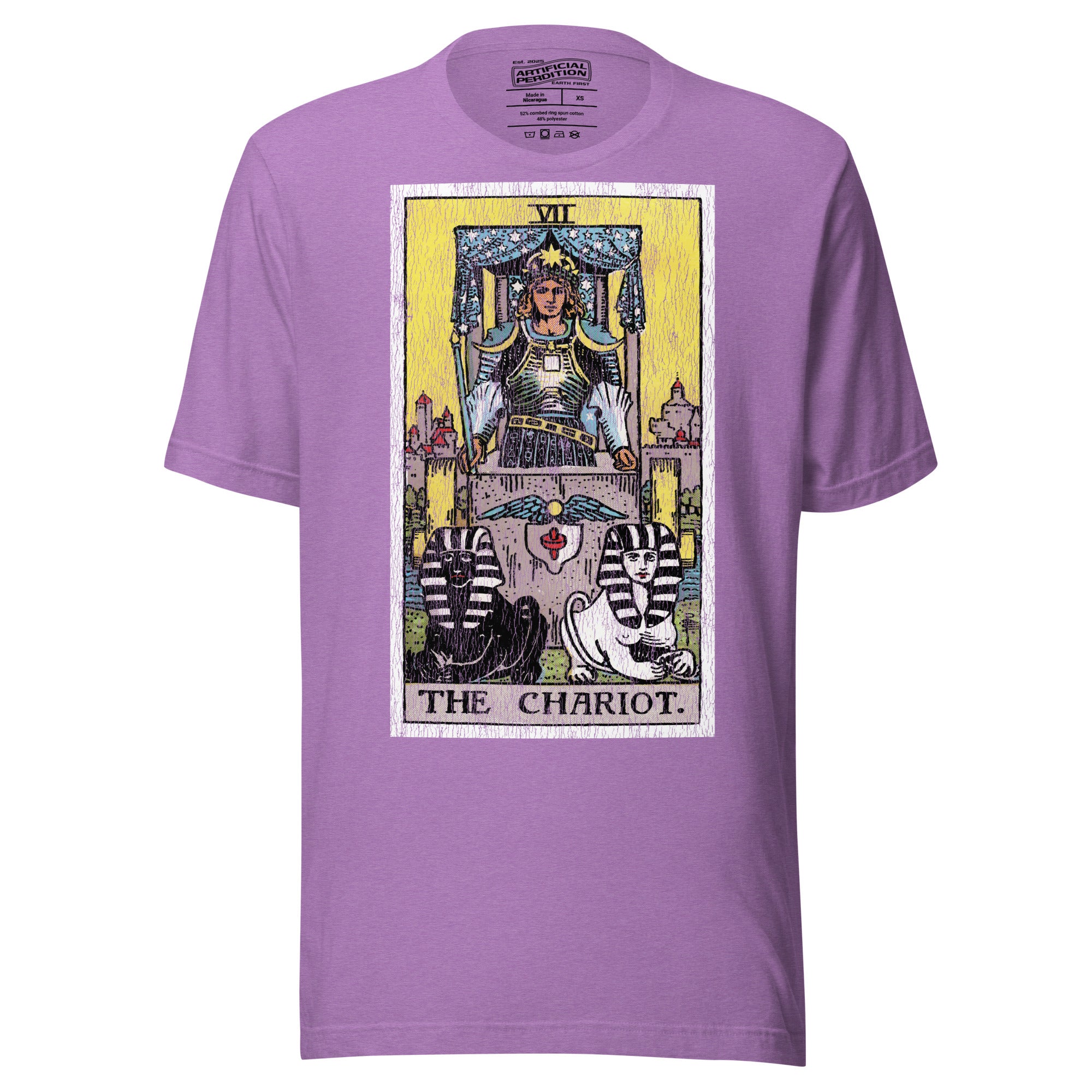 The Chariot tarot card, armored figure with starred crown riding chariot drawn by black and white sphinxes, city walls behind, Rider-Waite style, Artificial Perdition