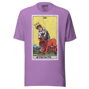 Card eight. The lion is already subdued, led by a chain of flowers. Strength is the quiet kind — fortitude, not force. Rider-Waite tarot apparel.