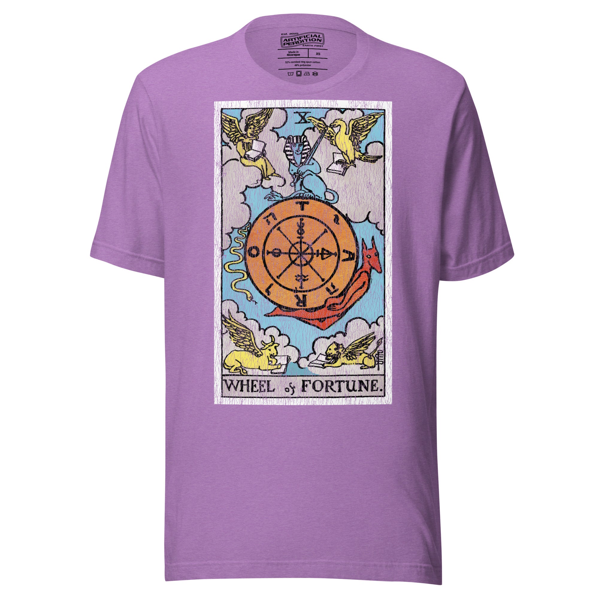 Wheel of Fortune tarot card, sphinx atop a turning wheel flanked by four creatures, Rider-Waite style, Artificial Perdition