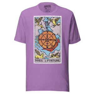 Wheel of Fortune tarot card, sphinx atop a turning wheel flanked by four creatures, Rider-Waite style, Artificial Perdition