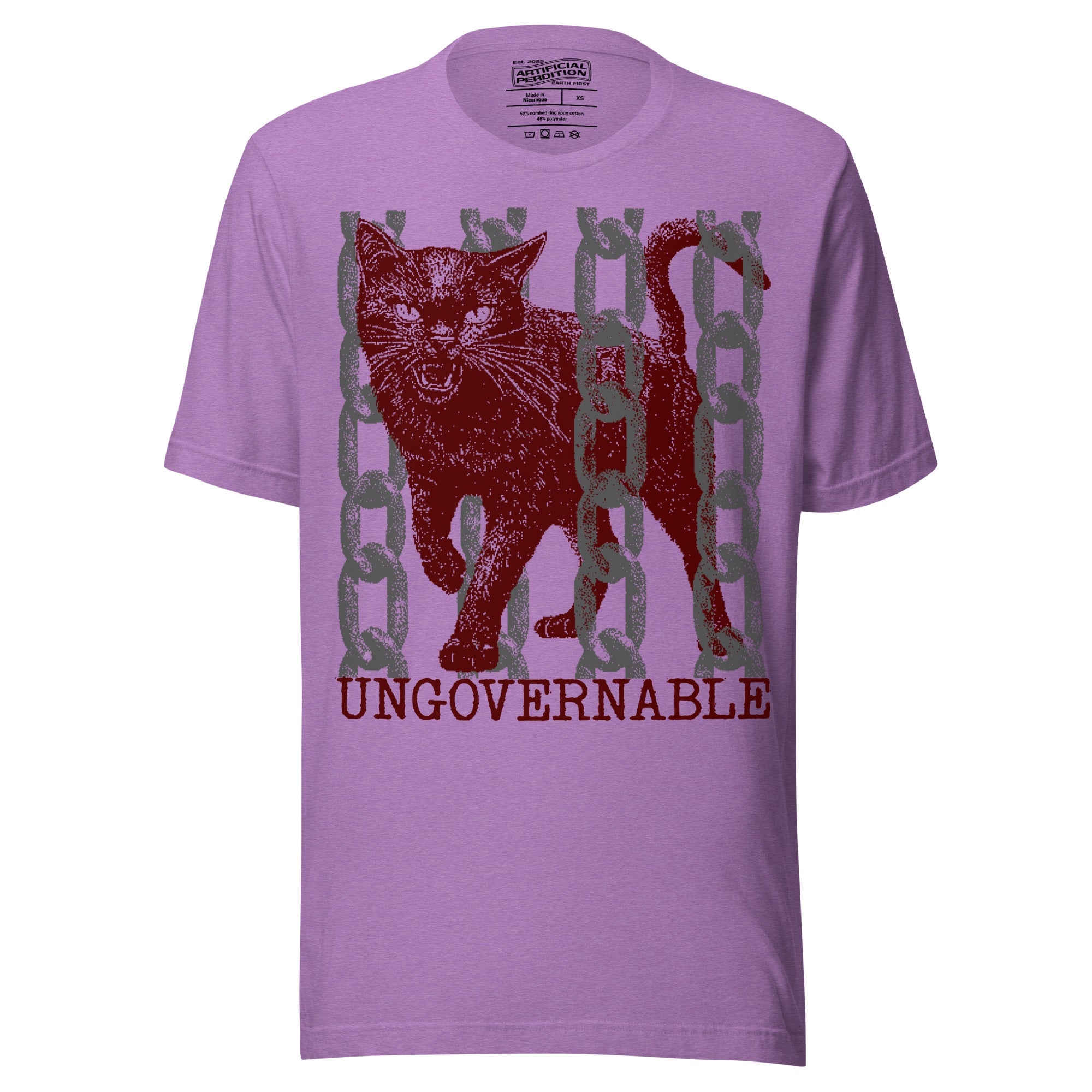 Snarling cat breaking through chains with UNGOVERNABLE text, dithered halftone red on cream, Artificial Perdition apparel