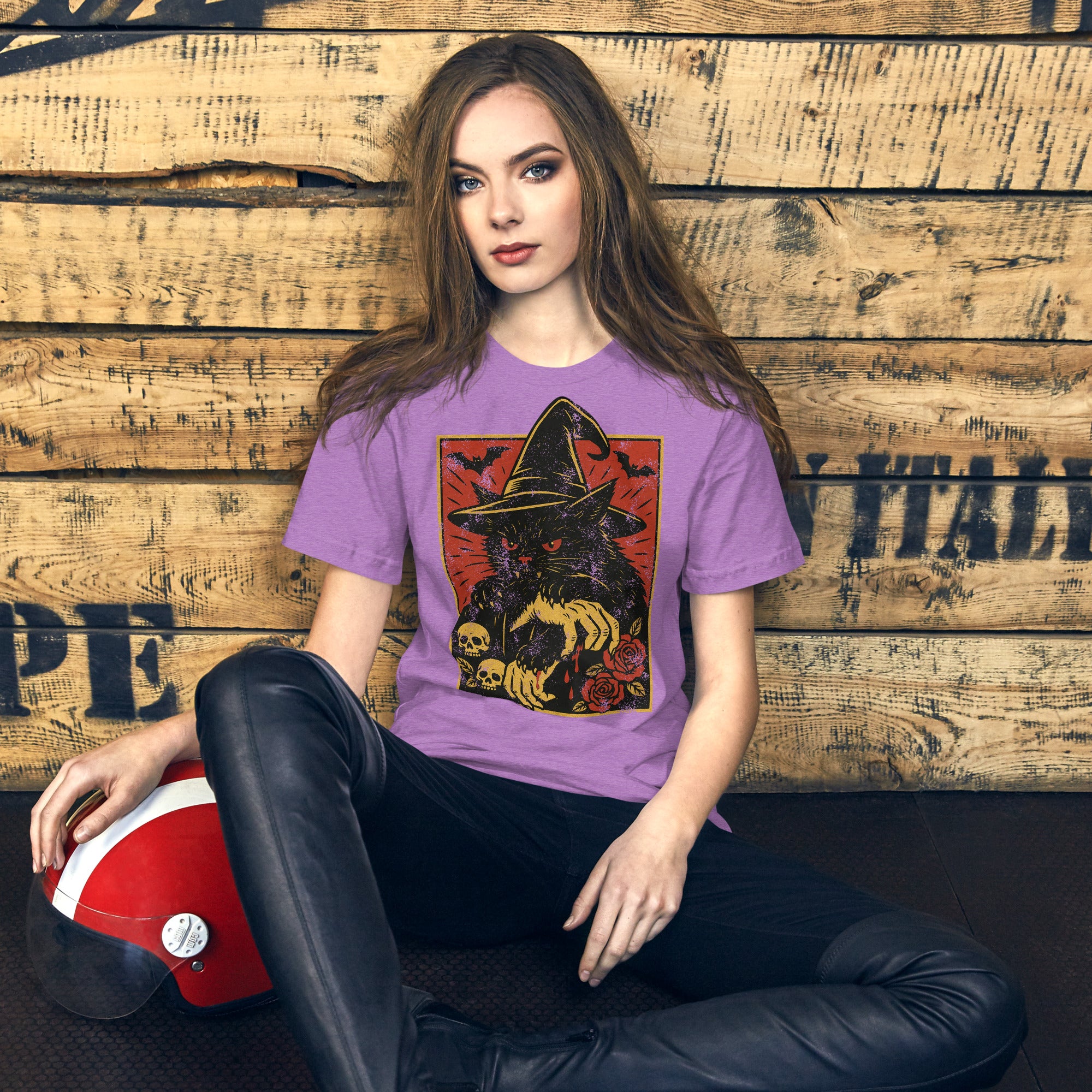 Product mockupBlack cat in witch hat with vampire fangs and skeletal dripping claws, skulls and roses flanking, bats in red sky, horror tattoo flash style, Artificial Perdition