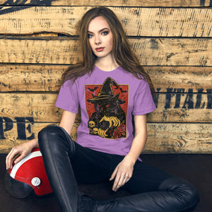 Product mockupBlack cat in witch hat with vampire fangs and skeletal dripping claws, skulls and roses flanking, bats in red sky, horror tattoo flash style, Artificial Perdition