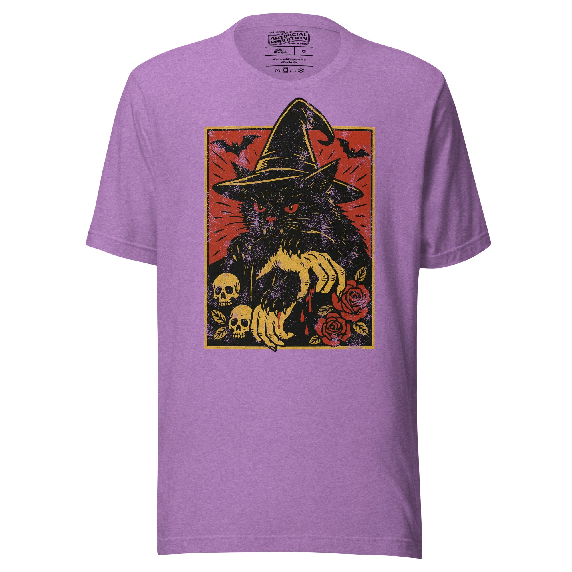 Black cat in witch hat with vampire fangs and skeletal dripping claws, skulls and roses flanking, bats in red sky, horror tattoo flash style, Artificial Perdition