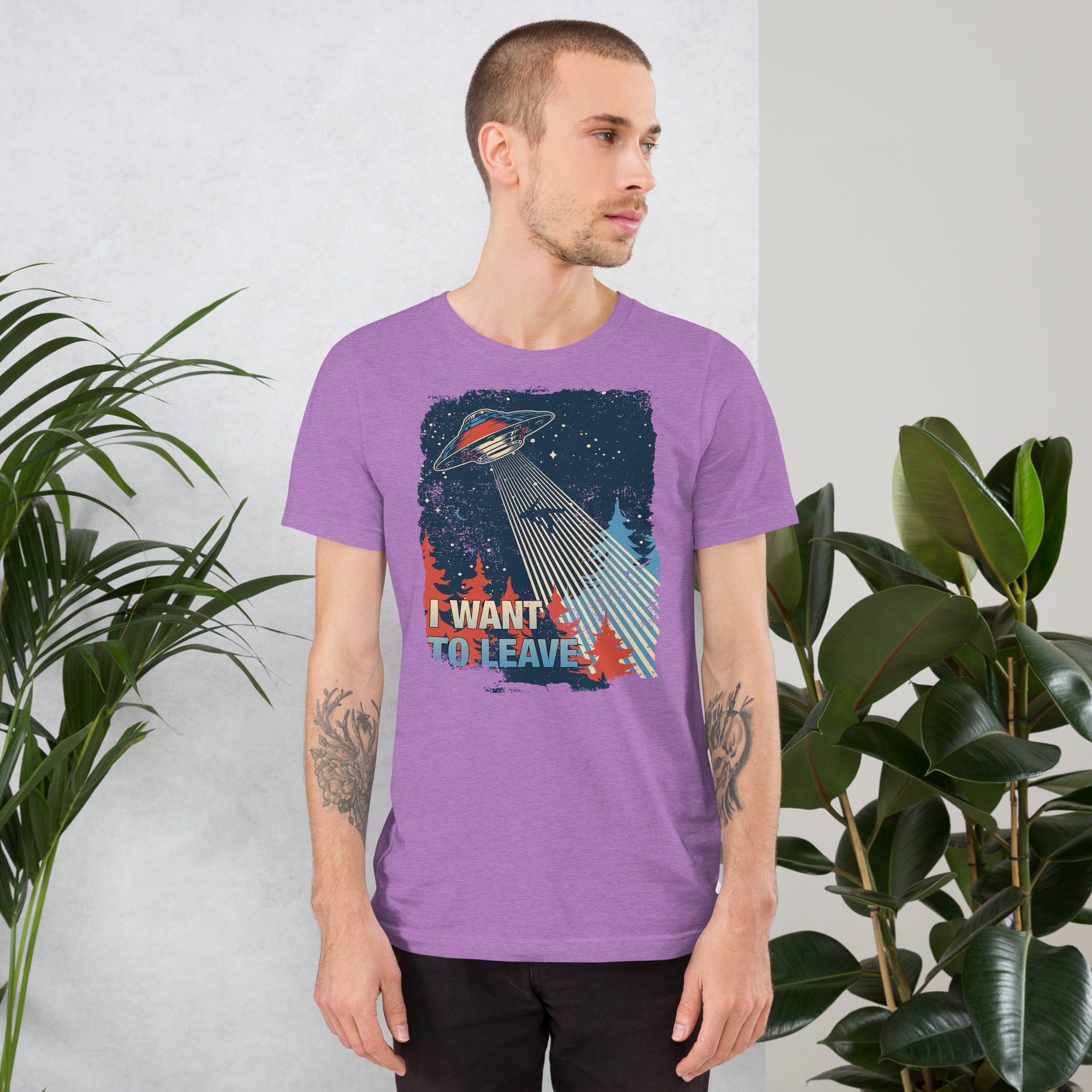 Retro poster style UFO beaming down into a midnight forest with I WANT TO LEAVE text, red and blue palette, Artificial Perdition apparel