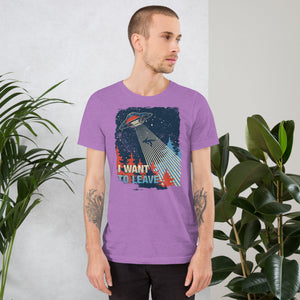Retro poster style UFO beaming down into a midnight forest with I WANT TO LEAVE text, red and blue palette, Artificial Perdition apparel