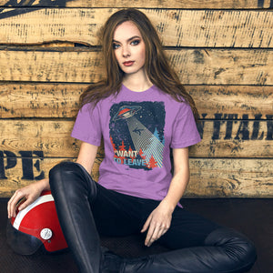 Retro poster style UFO beaming down into a midnight forest with I WANT TO LEAVE text, red and blue palette, Artificial Perdition apparel