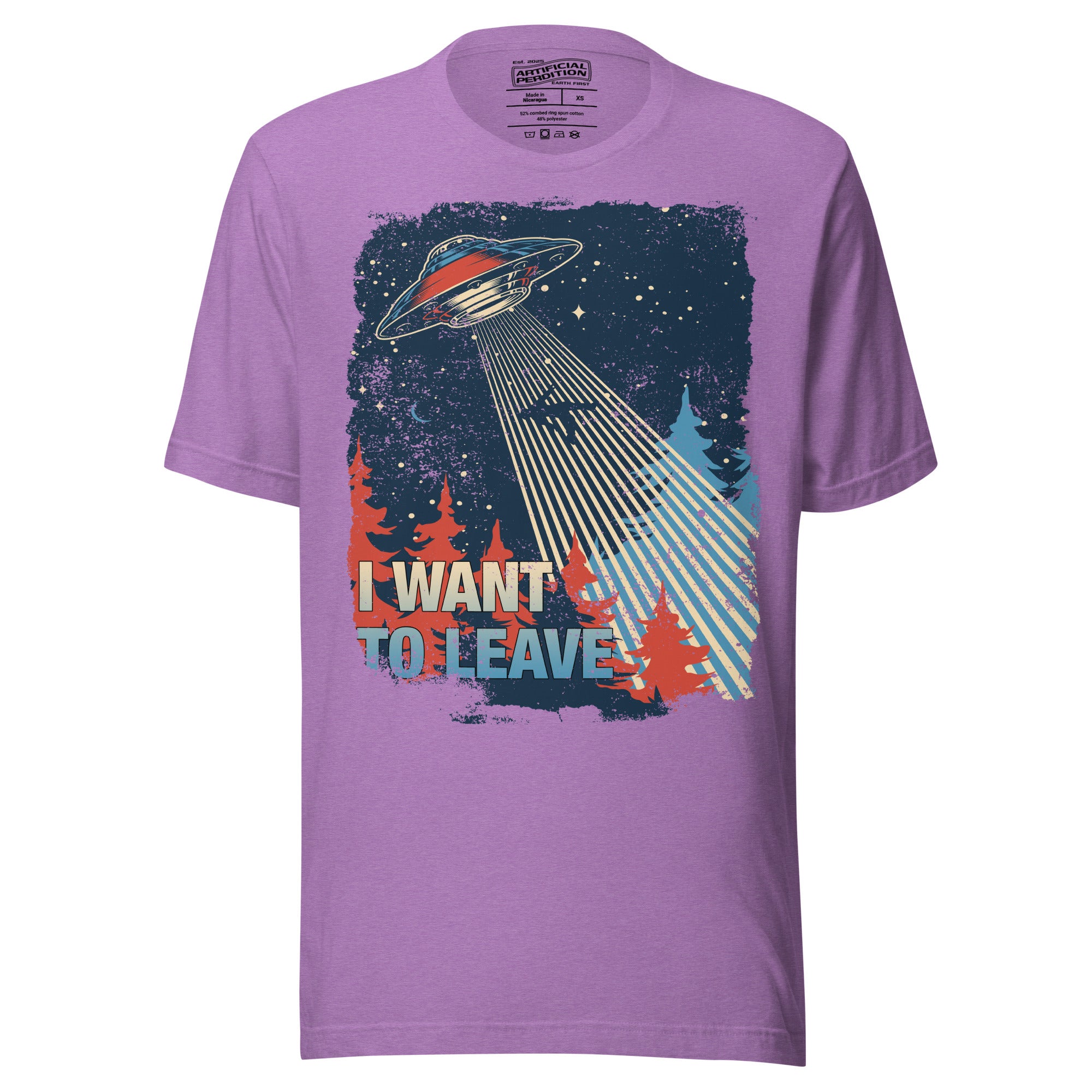 Retro poster style UFO beaming down into a midnight forest with I WANT TO LEAVE text, red and blue palette, Artificial Perdition apparel