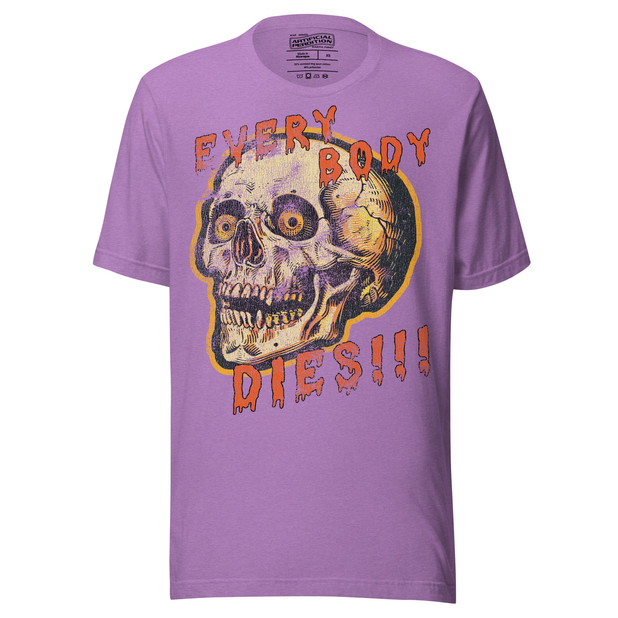 Die-cut skull with amber eyes and dripping orange horror font reading EVERY BODY DIES, vintage pulp style, Artificial Perdition apparel