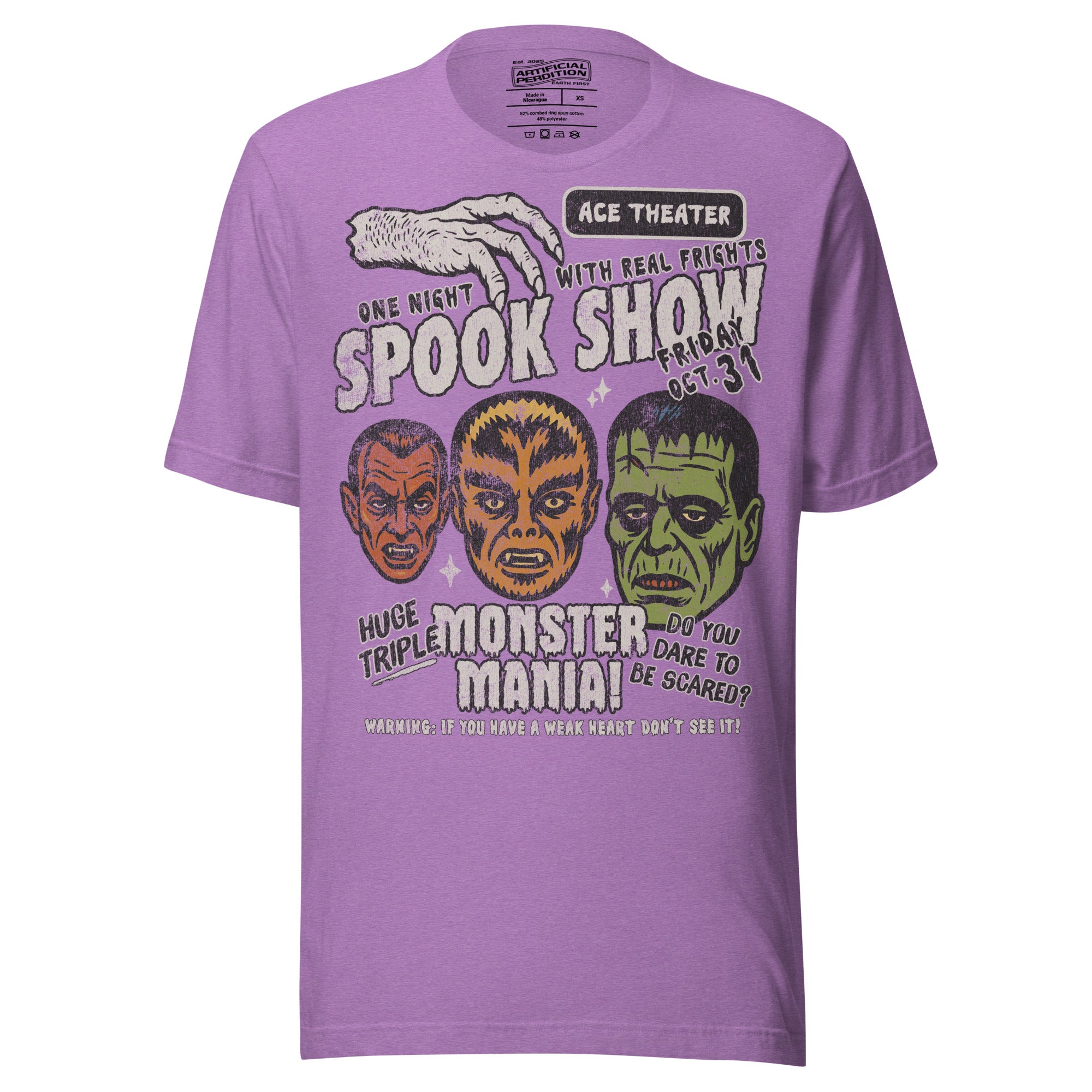 Vintage spook show poster style back print with three classic monster faces and Midnight Spook Show text, retro Halloween design, Artificial Perdition apparel