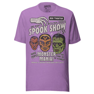 Vintage spook show poster style back print with three classic monster faces and Midnight Spook Show text, retro Halloween design, Artificial Perdition apparel
