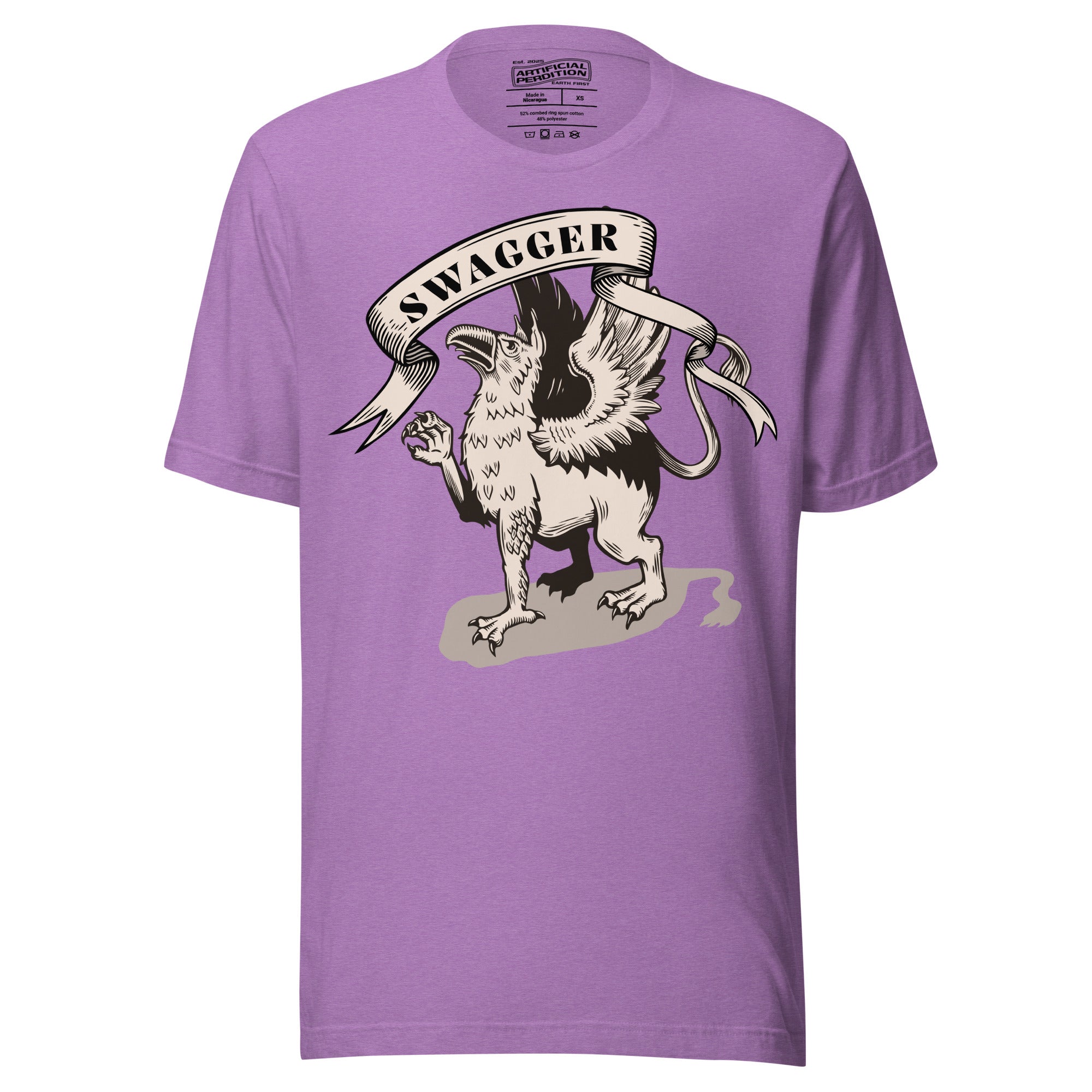 Rampant griffin in heraldic engraving style with Swagger banner ribbon, cream and black illustration, Artificial Perdition apparel

