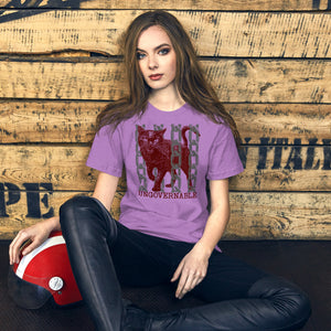 Product mockupSnarling cat breaking through chains with UNGOVERNABLE text, dithered halftone red on cream, Artificial Perdition apparel