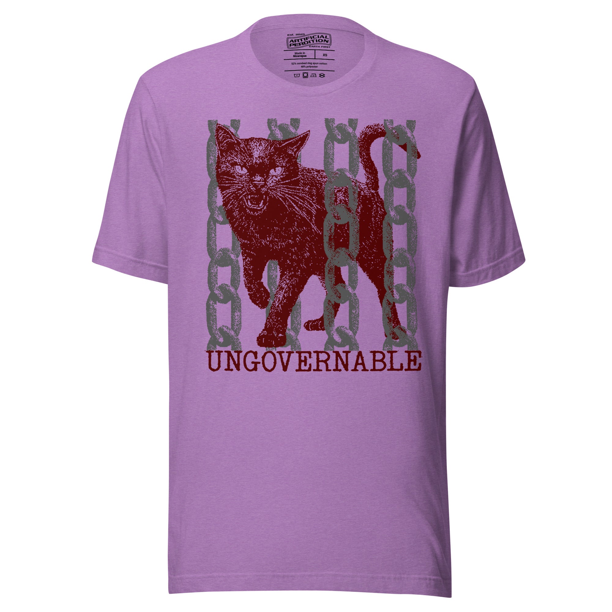 Product mockupSnarling cat breaking through chains with UNGOVERNABLE text, dithered halftone red on cream, Artificial Perdition apparel