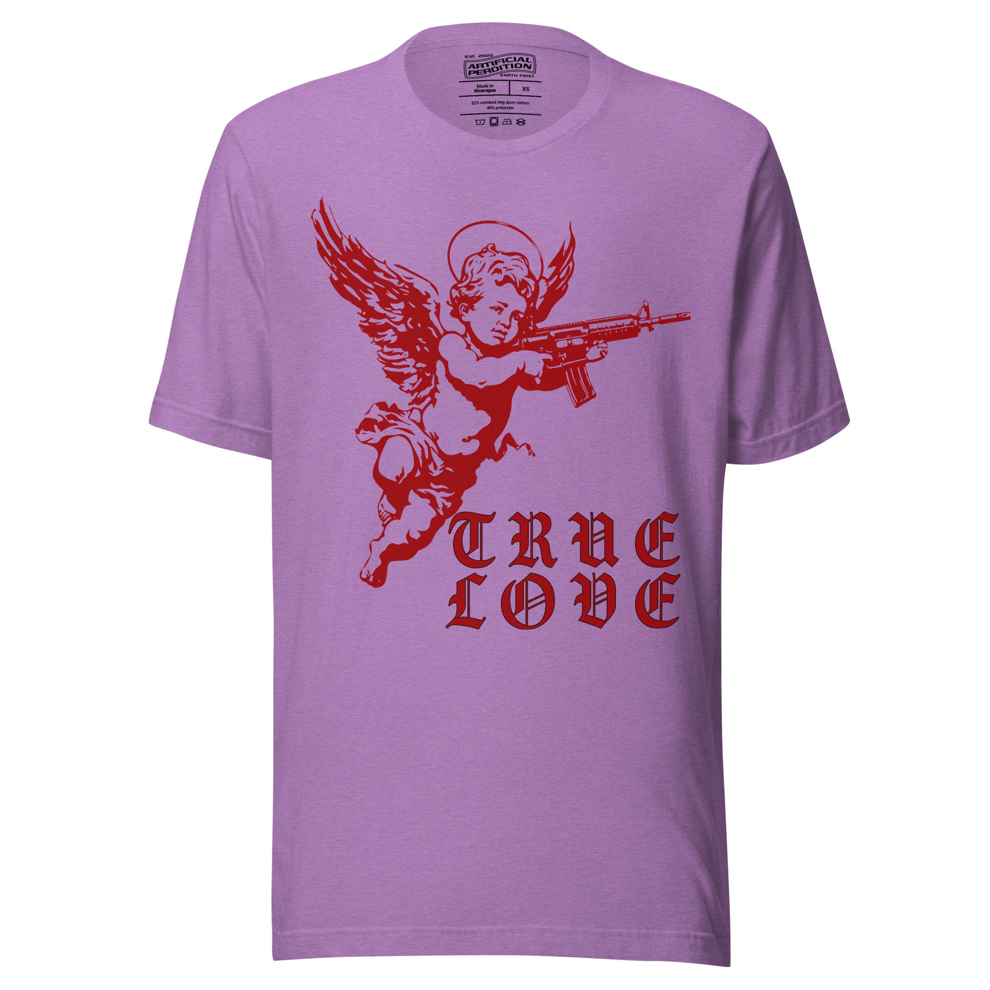 Red cherub angel with halo aiming rifle above blackletter True Love text, dark ironic tattoo flash style, Artificial Perdition apparel