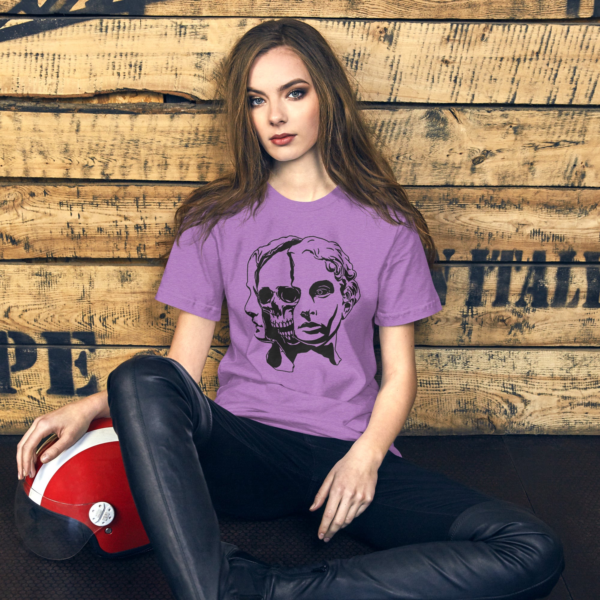 Split face illustration, half classical sculpture bust and half skull, black and white high contrast, Dead Inside, Artificial Perdition apparel