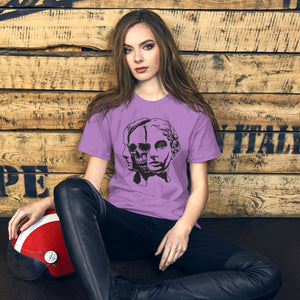 Split face illustration, half classical sculpture bust and half skull, black and white high contrast, Dead Inside, Artificial Perdition apparel