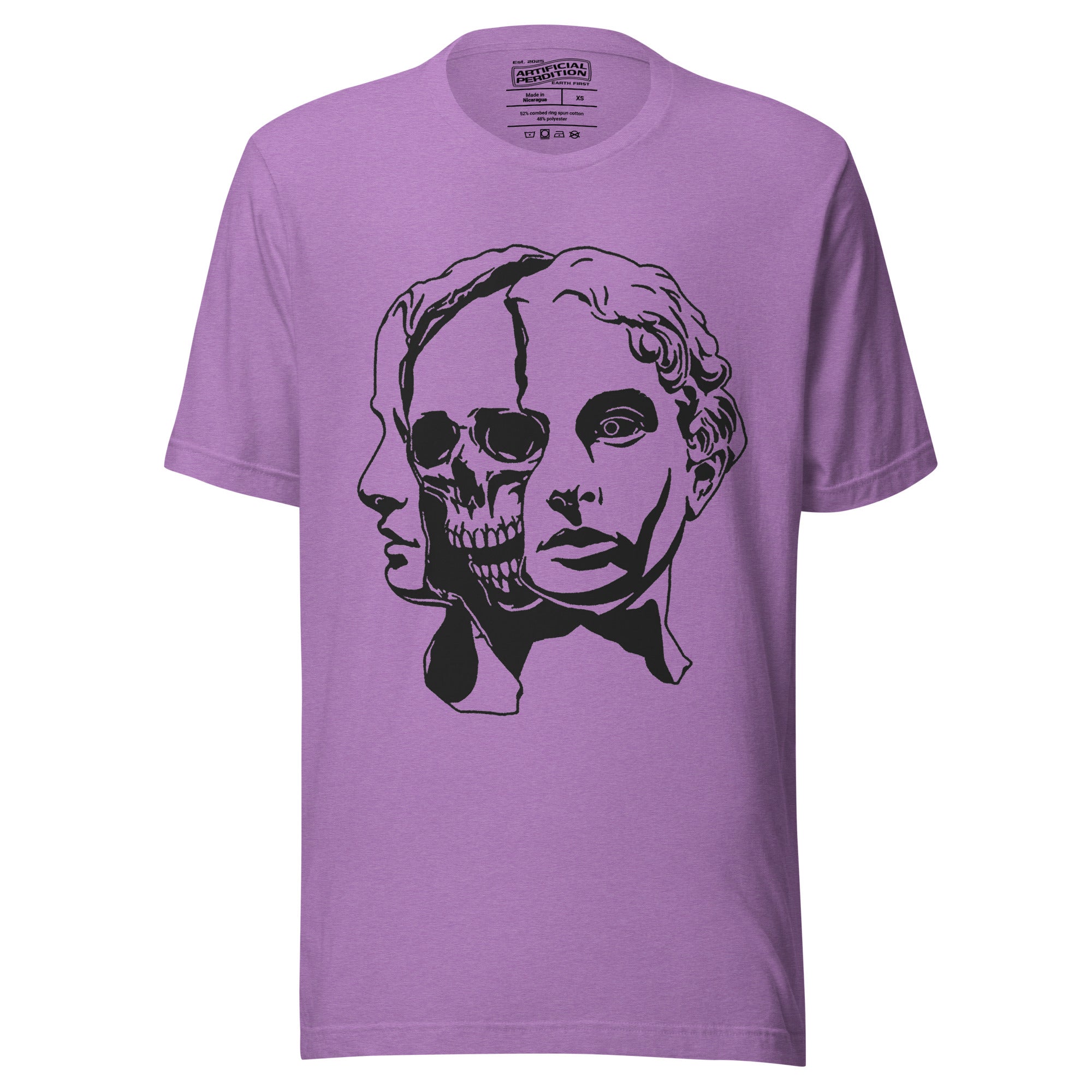 Split face illustration, half classical sculpture bust and half skull, black and white high contrast, Dead Inside, Artificial Perdition apparel