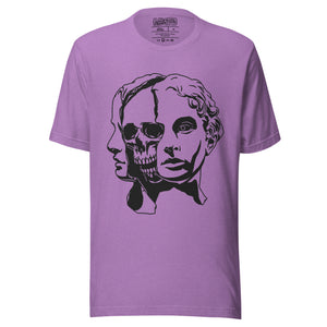 Split face illustration, half classical sculpture bust and half skull, black and white high contrast, Dead Inside, Artificial Perdition apparel