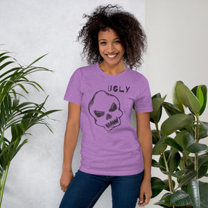 Crude hand-drawn skull with mismatched eye sockets and UGLY text in the upper corner, anti-polish graphic design, Artificial Perdition apparel