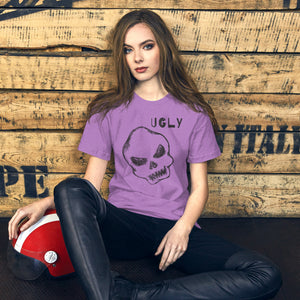 Crude hand-drawn skull with mismatched eye sockets and UGLY text in the upper corner, anti-polish graphic design, Artificial Perdition apparel