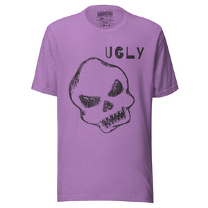 Crude hand-drawn skull with mismatched eye sockets and UGLY text in the upper corner, anti-polish graphic design, Artificial Perdition apparel
