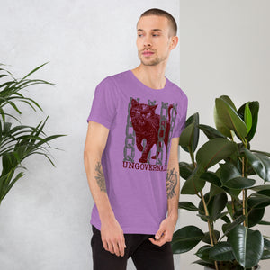 Snarling cat breaking through chains with UNGOVERNABLE text, dithered halftone red on cream, Artificial Perdition apparel
