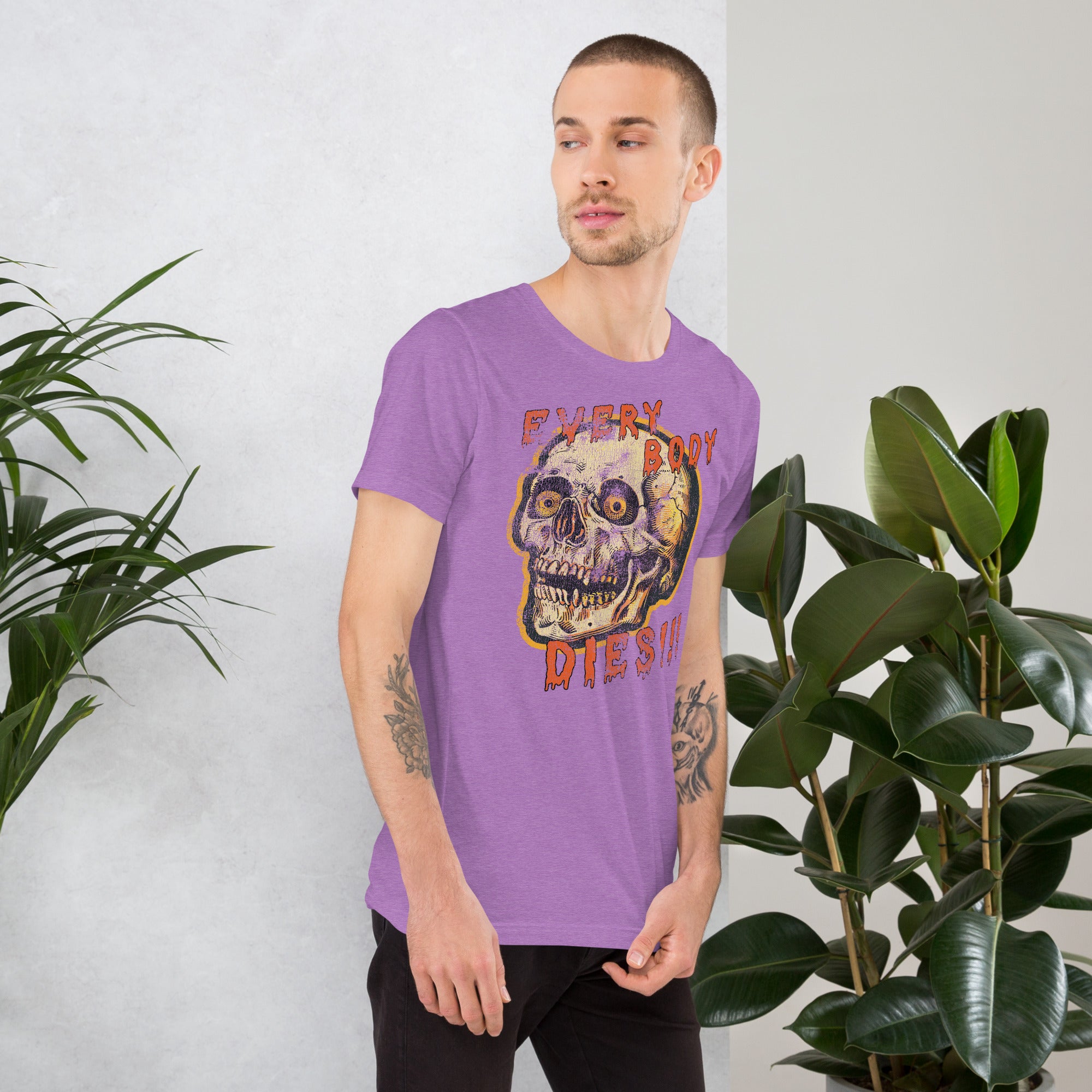 Die-cut skull with amber eyes and dripping orange horror font reading EVERY BODY DIES, vintage pulp style, Artificial Perdition apparel