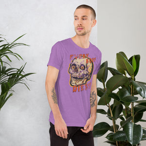 Die-cut skull with amber eyes and dripping orange horror font reading EVERY BODY DIES, vintage pulp style, Artificial Perdition apparel