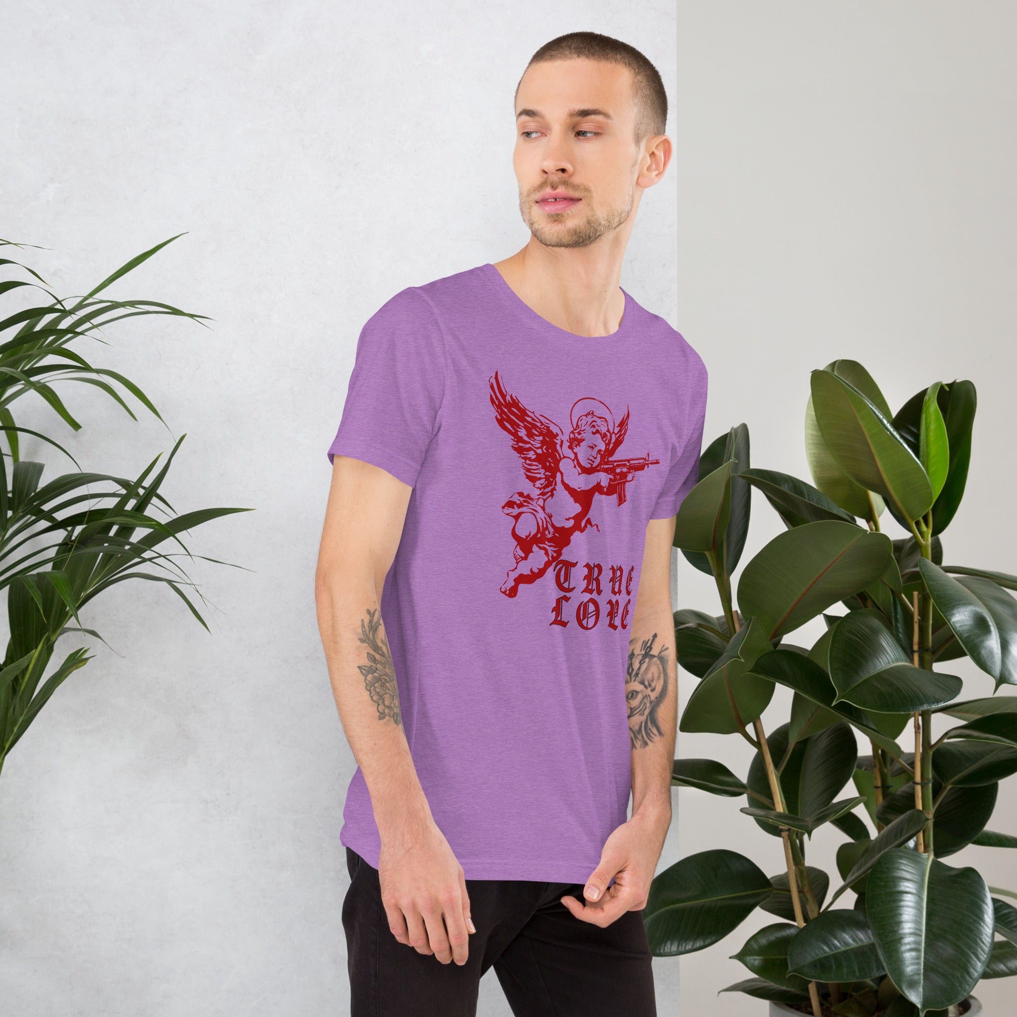 Red cherub angel with halo aiming rifle above blackletter True Love text, dark ironic tattoo flash style, Artificial Perdition apparel