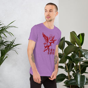 Red cherub angel with halo aiming rifle above blackletter True Love text, dark ironic tattoo flash style, Artificial Perdition apparel