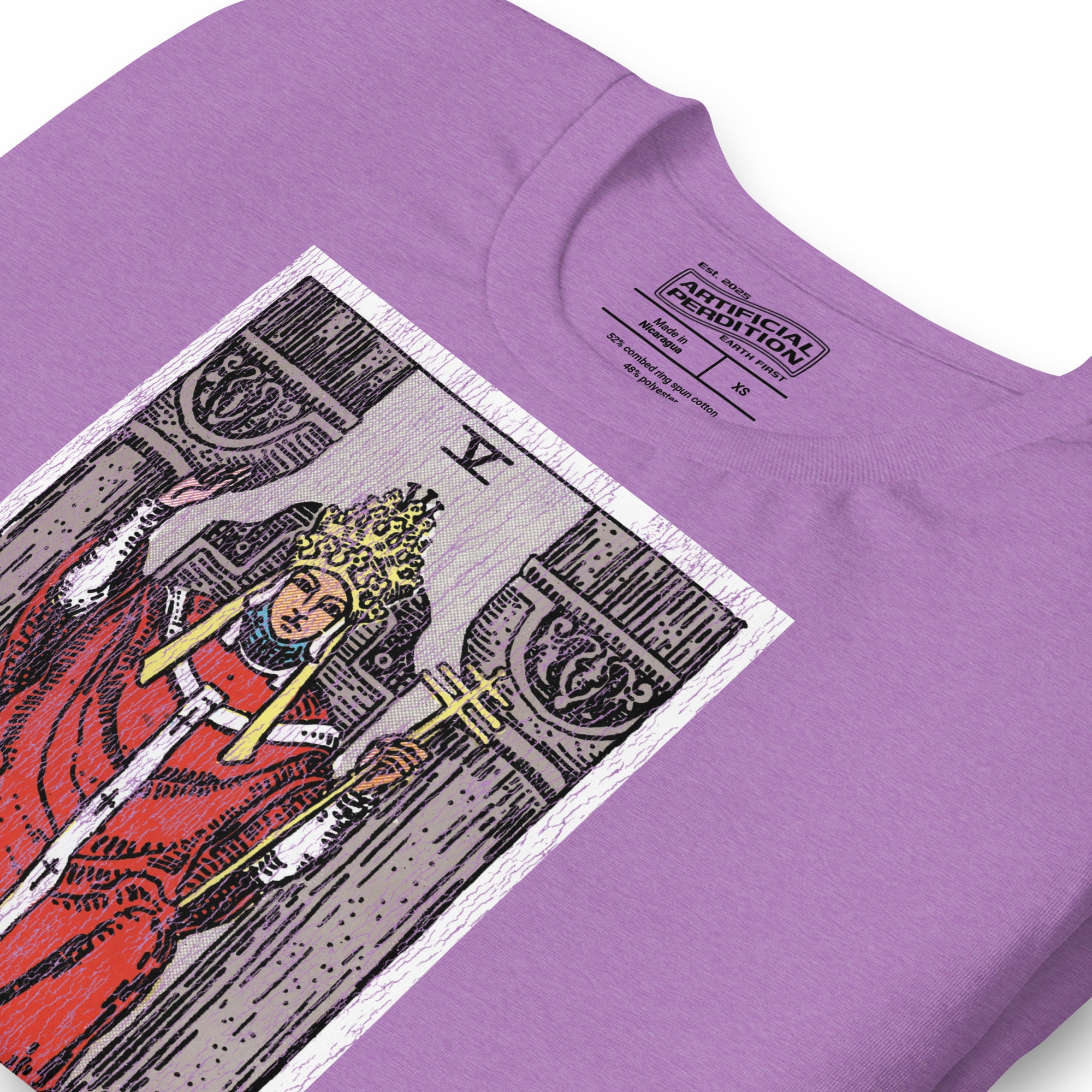The Hierophant tarot card, triple-crowned figure seated between pillars with crossed keys and kneeling acolytes, Rider-Waite style, Artificial Perdition