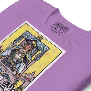 The Chariot tarot card, armored figure with starred crown riding chariot drawn by black and white sphinxes, city walls behind, Rider-Waite style, Artificial Perdition