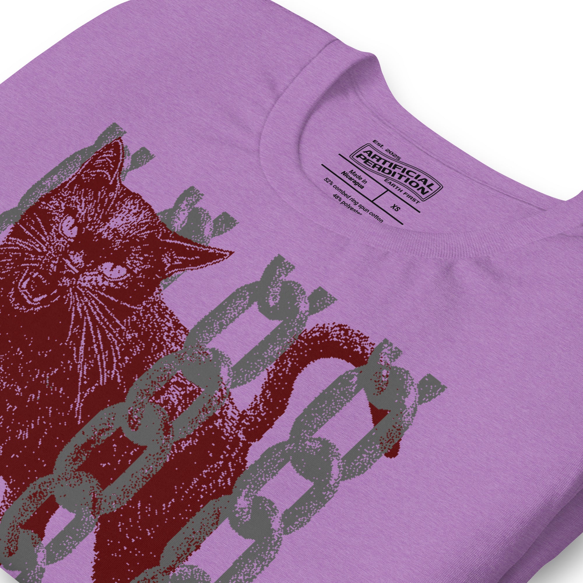 Snarling cat breaking through chains with UNGOVERNABLE text, dithered halftone red on cream, Artificial Perdition apparel