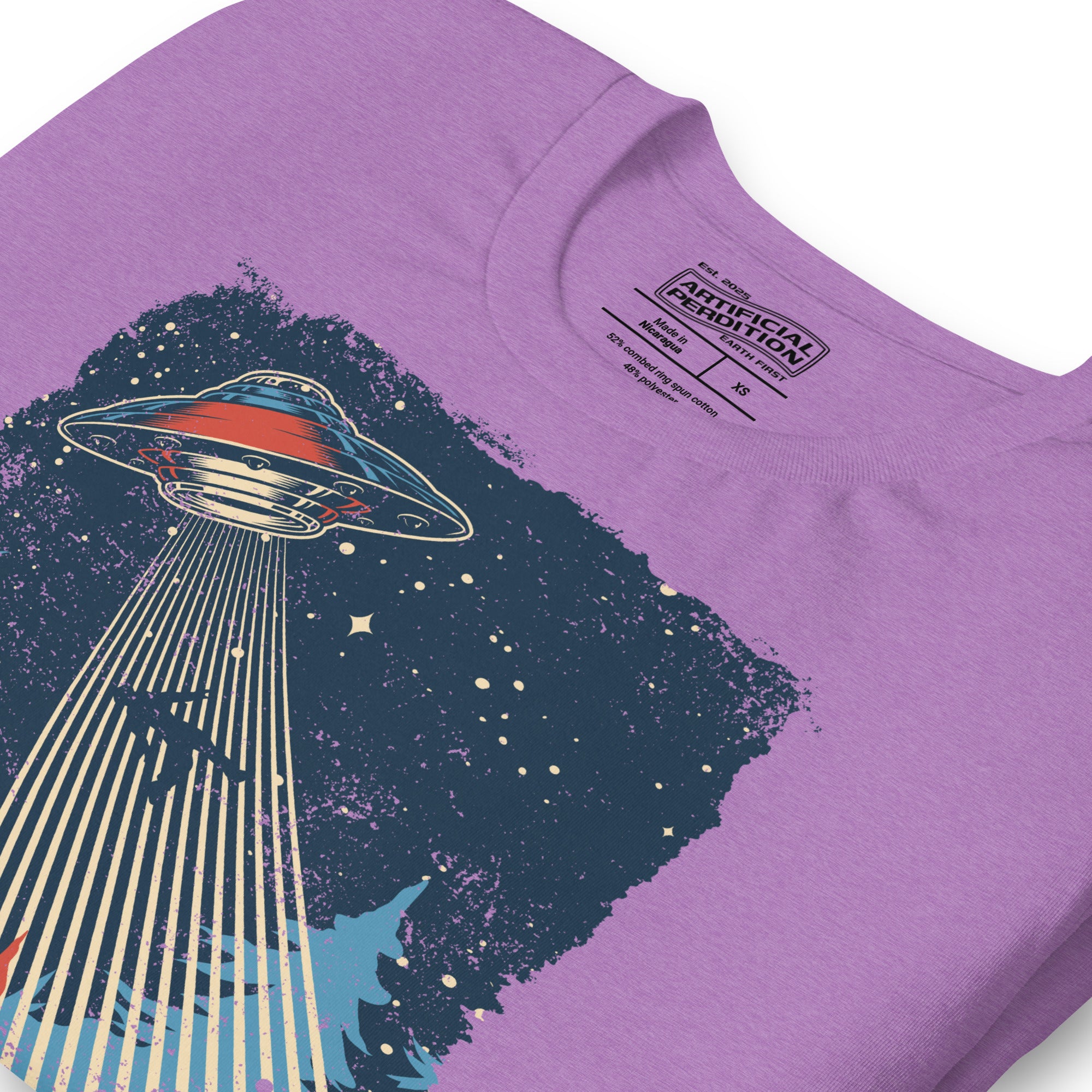 Retro poster style UFO beaming down into a midnight forest with I WANT TO LEAVE text, red and blue palette, Artificial Perdition apparel