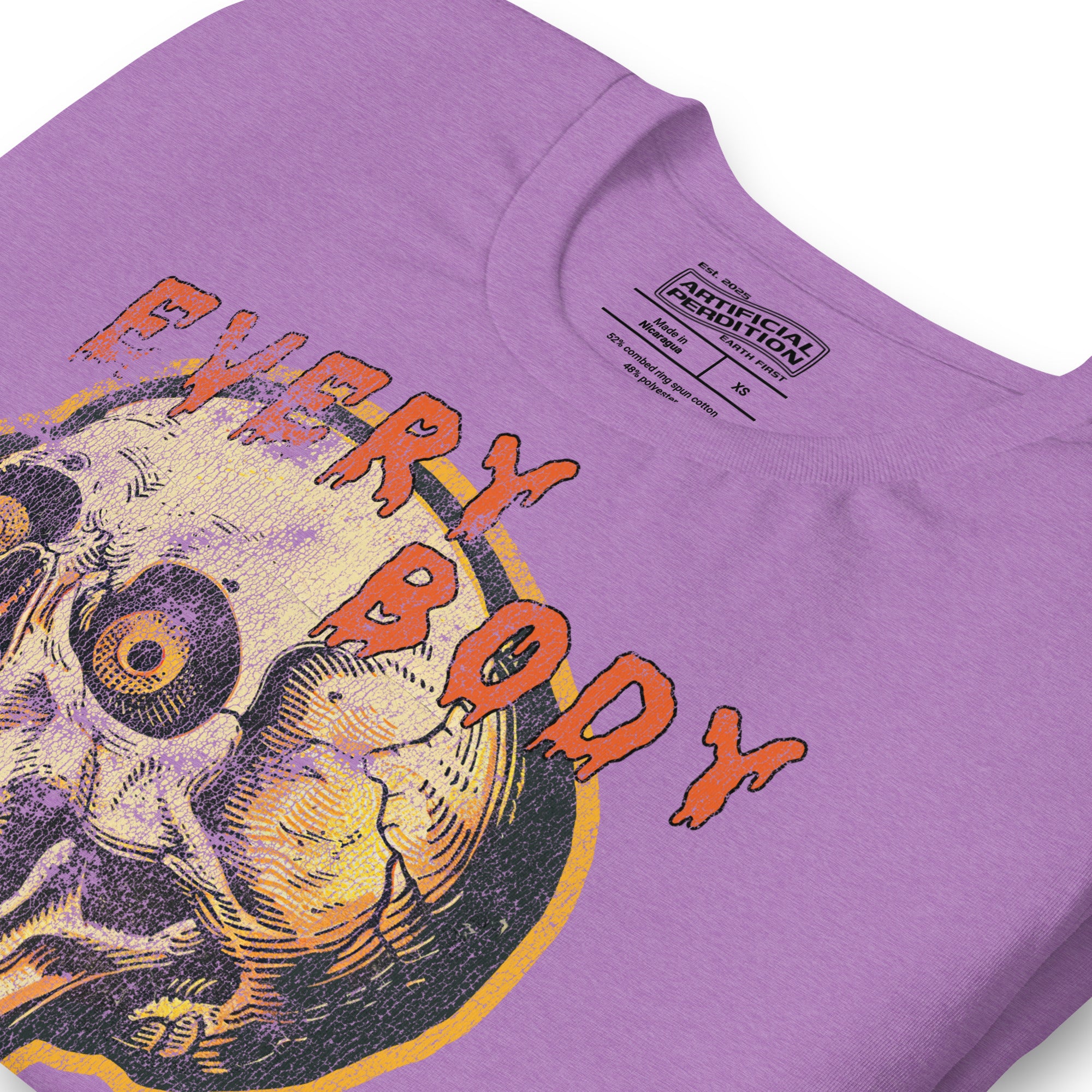 Die-cut skull with amber eyes and dripping orange horror font reading EVERY BODY DIES, vintage pulp style, Artificial Perdition apparel
