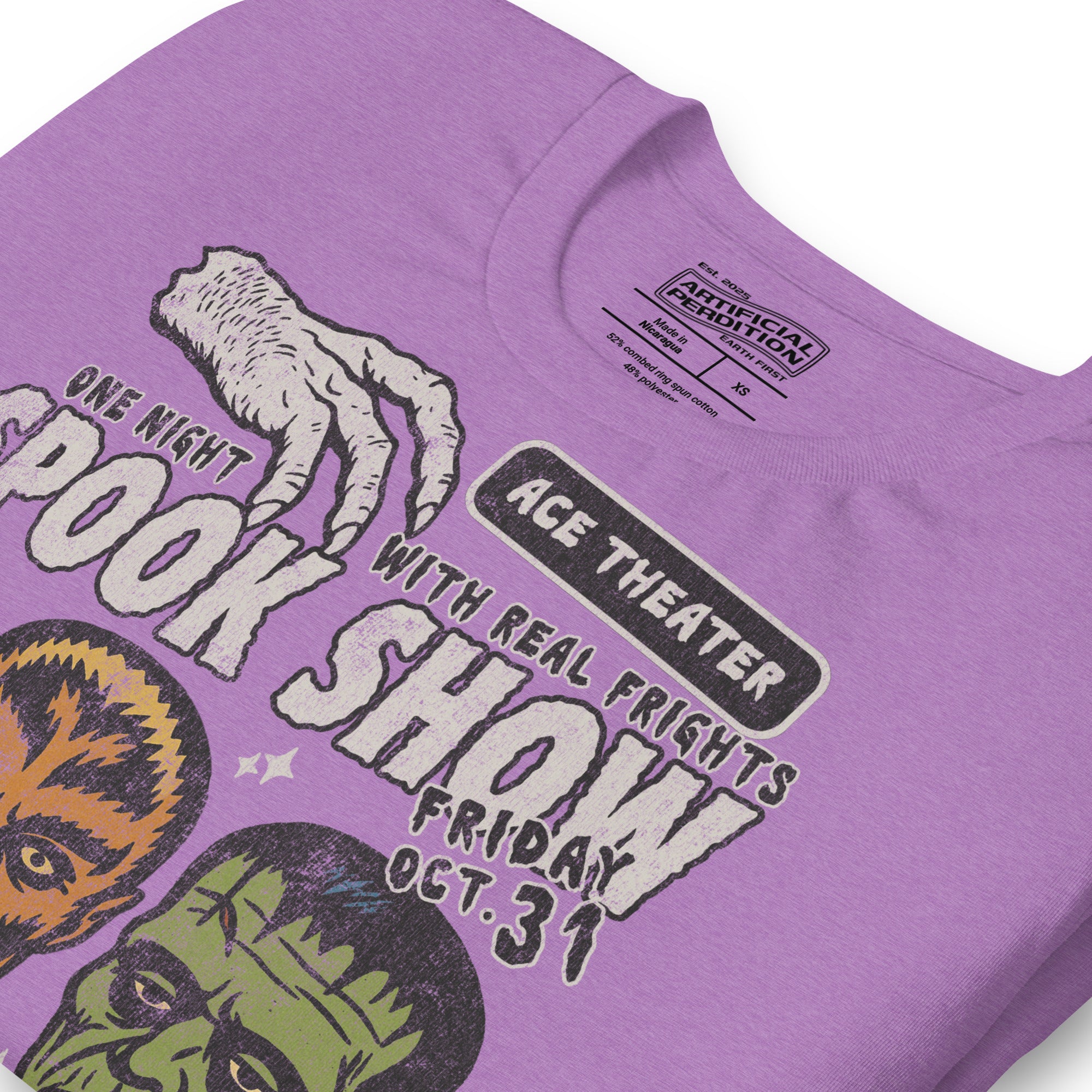 Product mockupVintage spook show poster style back print with three classic monster faces and Midnight Spook Show text, retro Halloween design, Artificial Perdition apparel