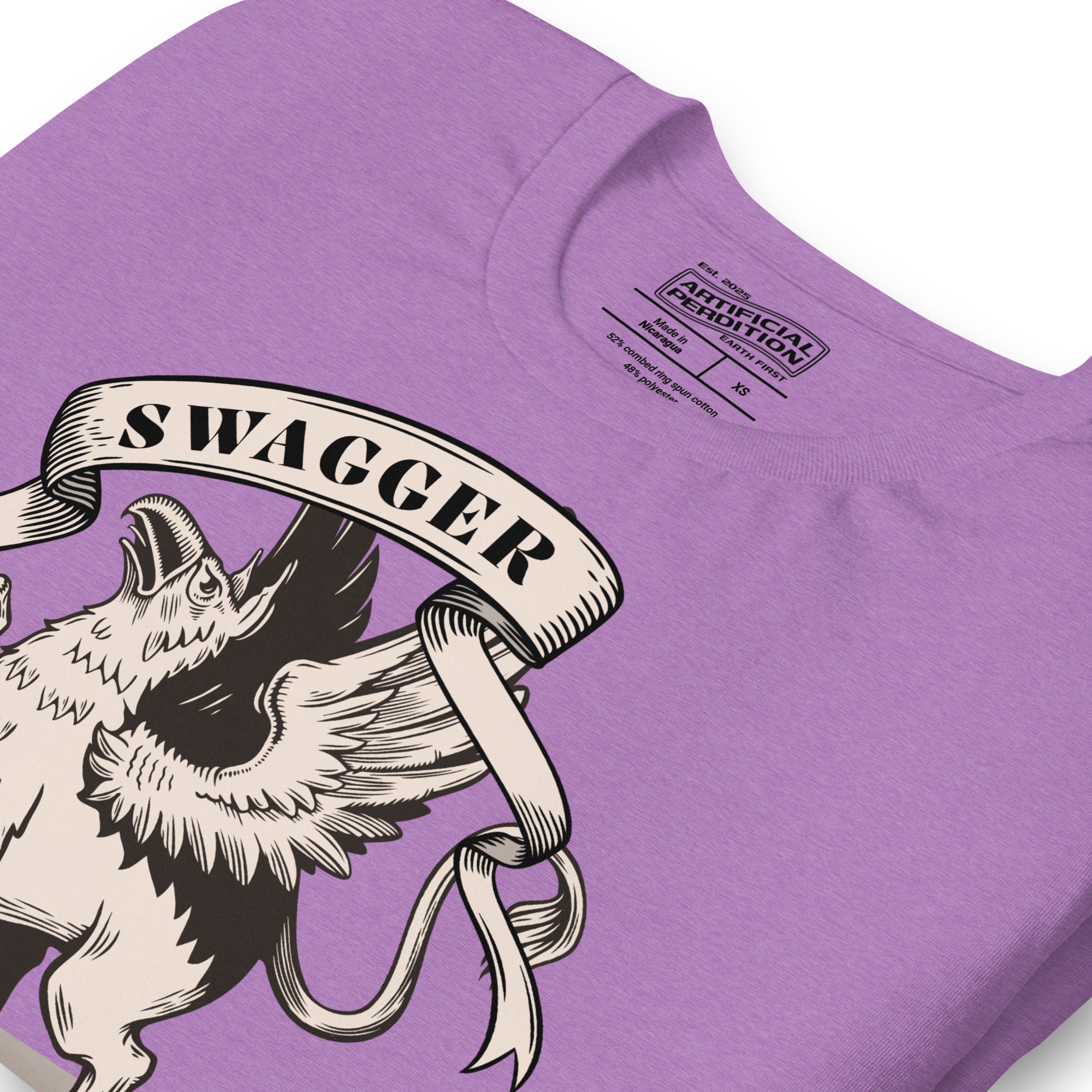 Rampant griffin in heraldic engraving style with Swagger banner ribbon, cream and black illustration, Artificial Perdition apparel
