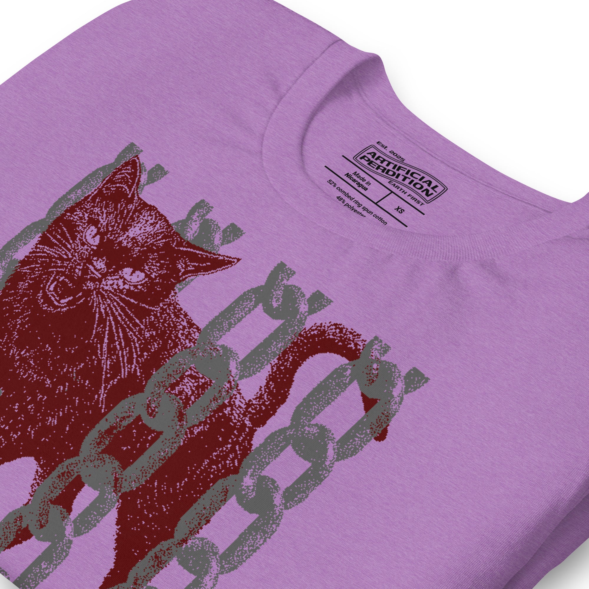Product mockupSnarling cat breaking through chains with UNGOVERNABLE text, dithered halftone red on cream, Artificial Perdition apparel