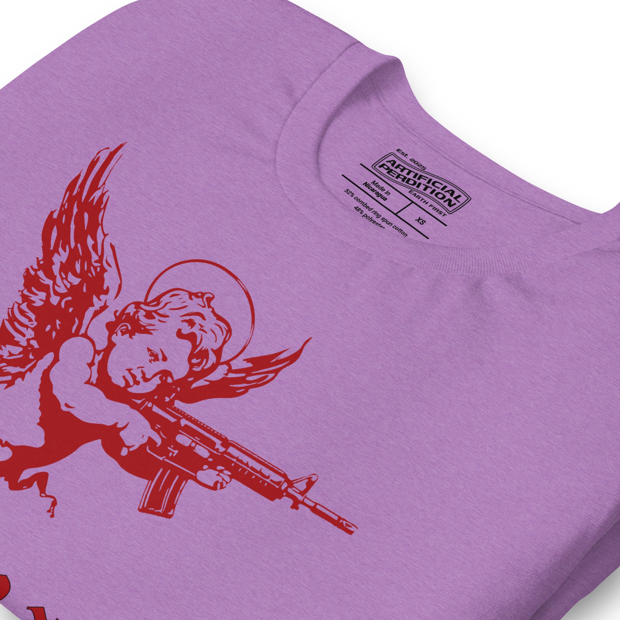 Red cherub angel with halo aiming rifle above blackletter True Love text, dark ironic tattoo flash style, Artificial Perdition apparel