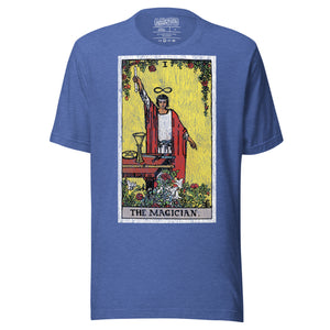 The Magician tarot card, robed figure with wand raised and lemniscate overhead, four suits on table, Rider-Waite style, Artificial Perdition